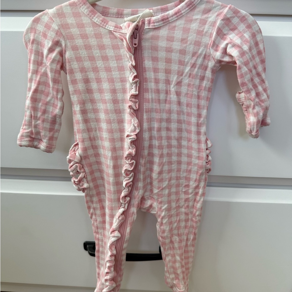 Spearmint Love // Pink Gingham Ruffle Zip Footie One-Piece